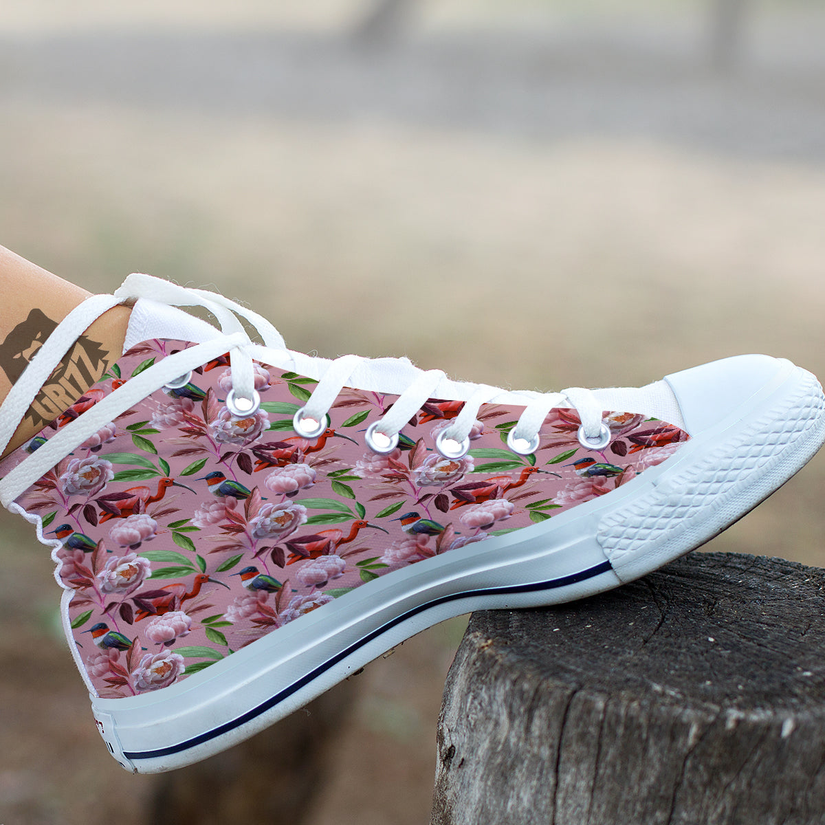 Floral Bird Pink Print Pattern White High Top Shoes-grizzshop