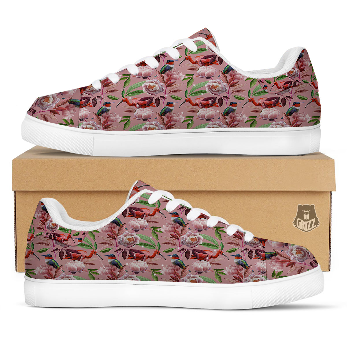 Floral Bird Pink Print Pattern White Low Top Sneakers-grizzshop