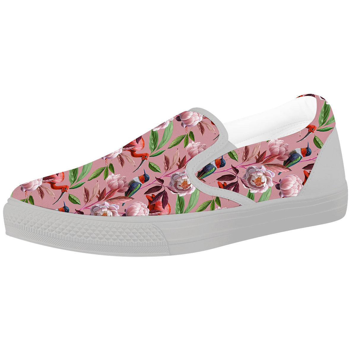 Floral Bird Pink Print Pattern White Slip On Shoes-grizzshop
