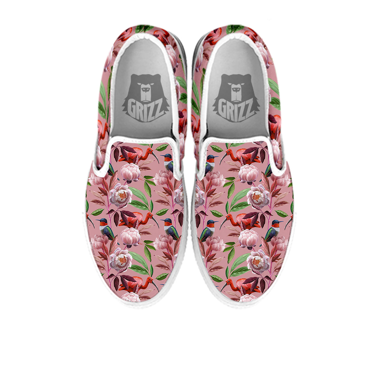 Floral Bird Pink Print Pattern White Slip On Shoes-grizzshop