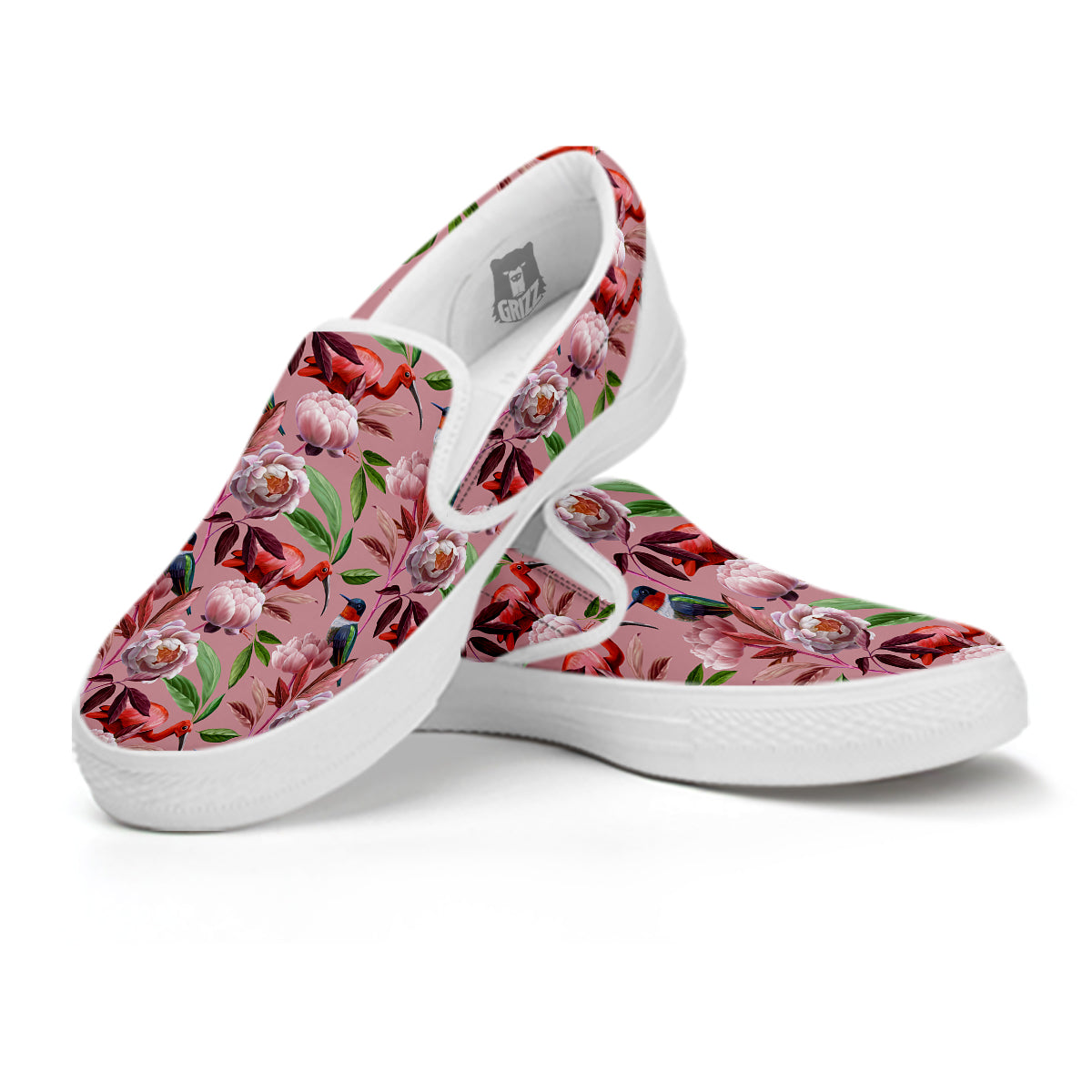 Floral Bird Pink Print Pattern White Slip On Shoes-grizzshop
