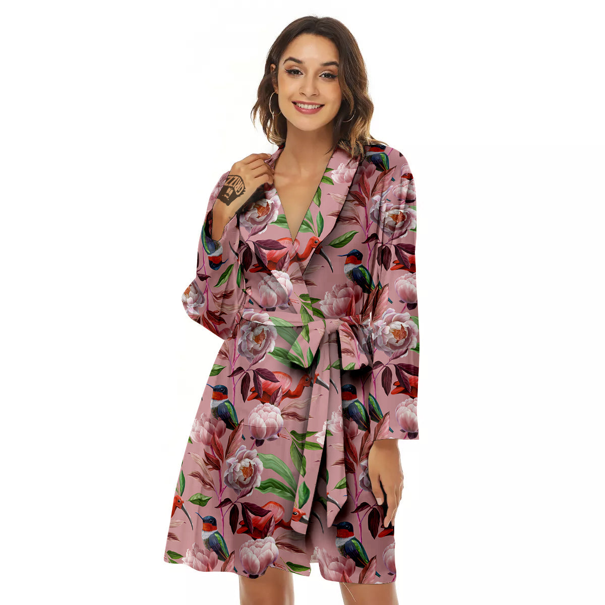 Floral Bird Pink Print Pattern Women's Robe-grizzshop