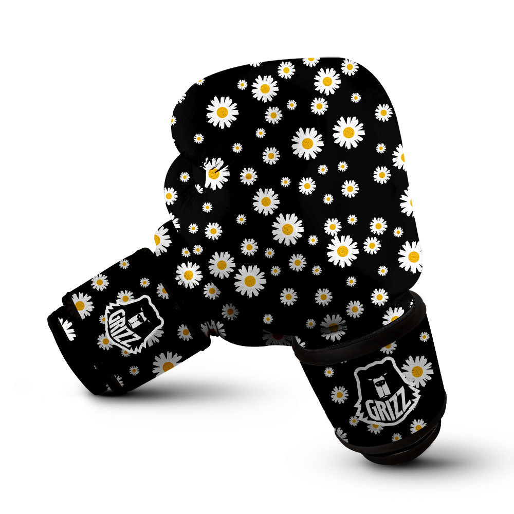 Floral Black Daisy Print Pattern Boxing Gloves-grizzshop