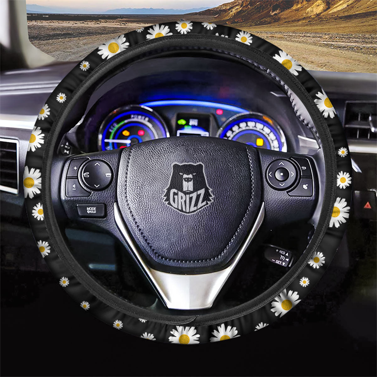 Floral Black Daisy Print Pattern Car Steering Wheel Cover-grizzshop