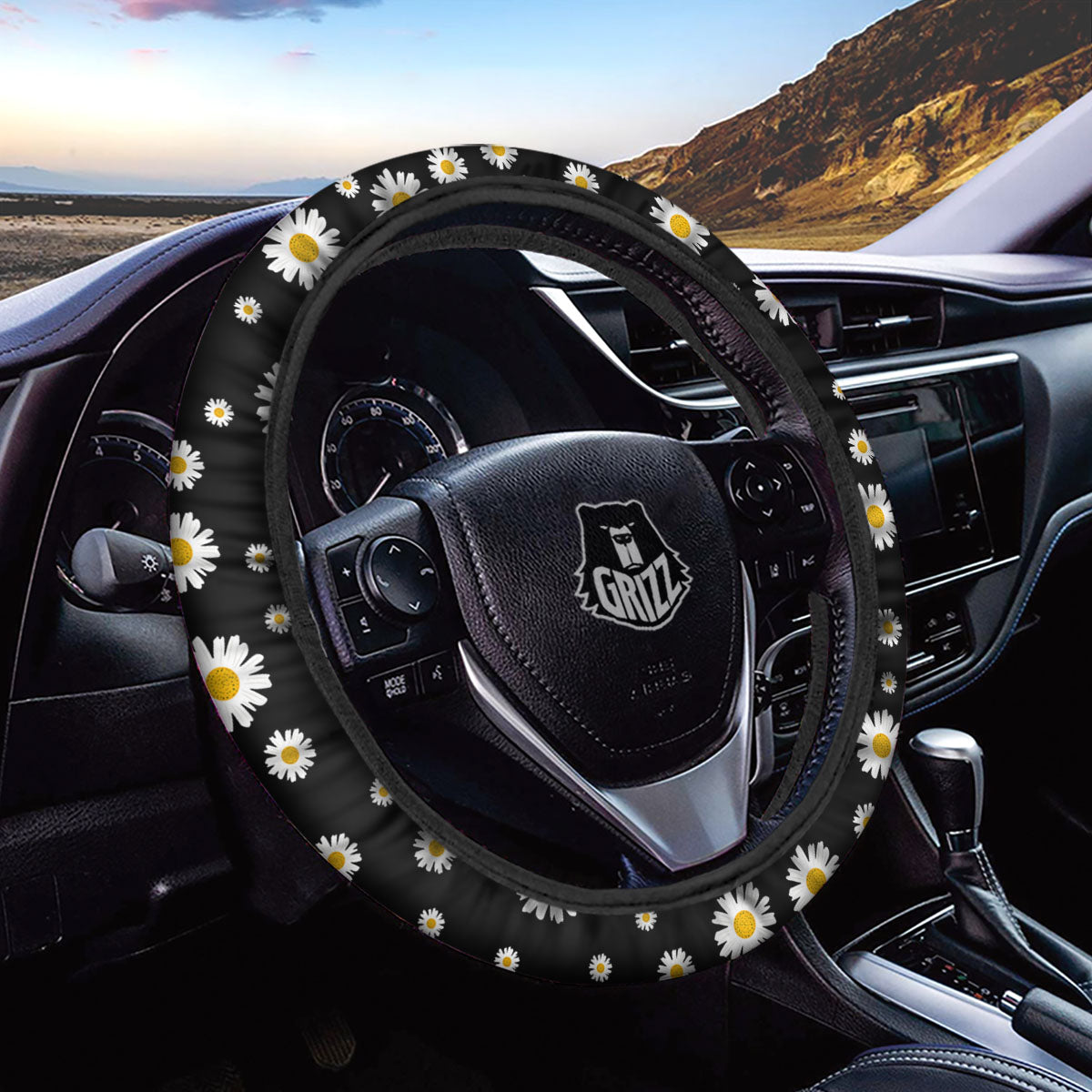 Floral Black Daisy Print Pattern Car Steering Wheel Cover-grizzshop