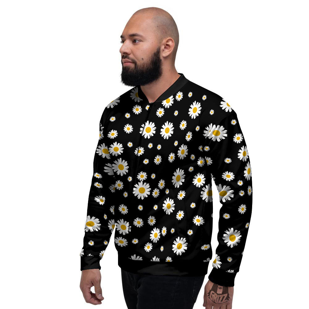 Floral Black Daisy Print Pattern Men's Bomber Jacket-grizzshop
