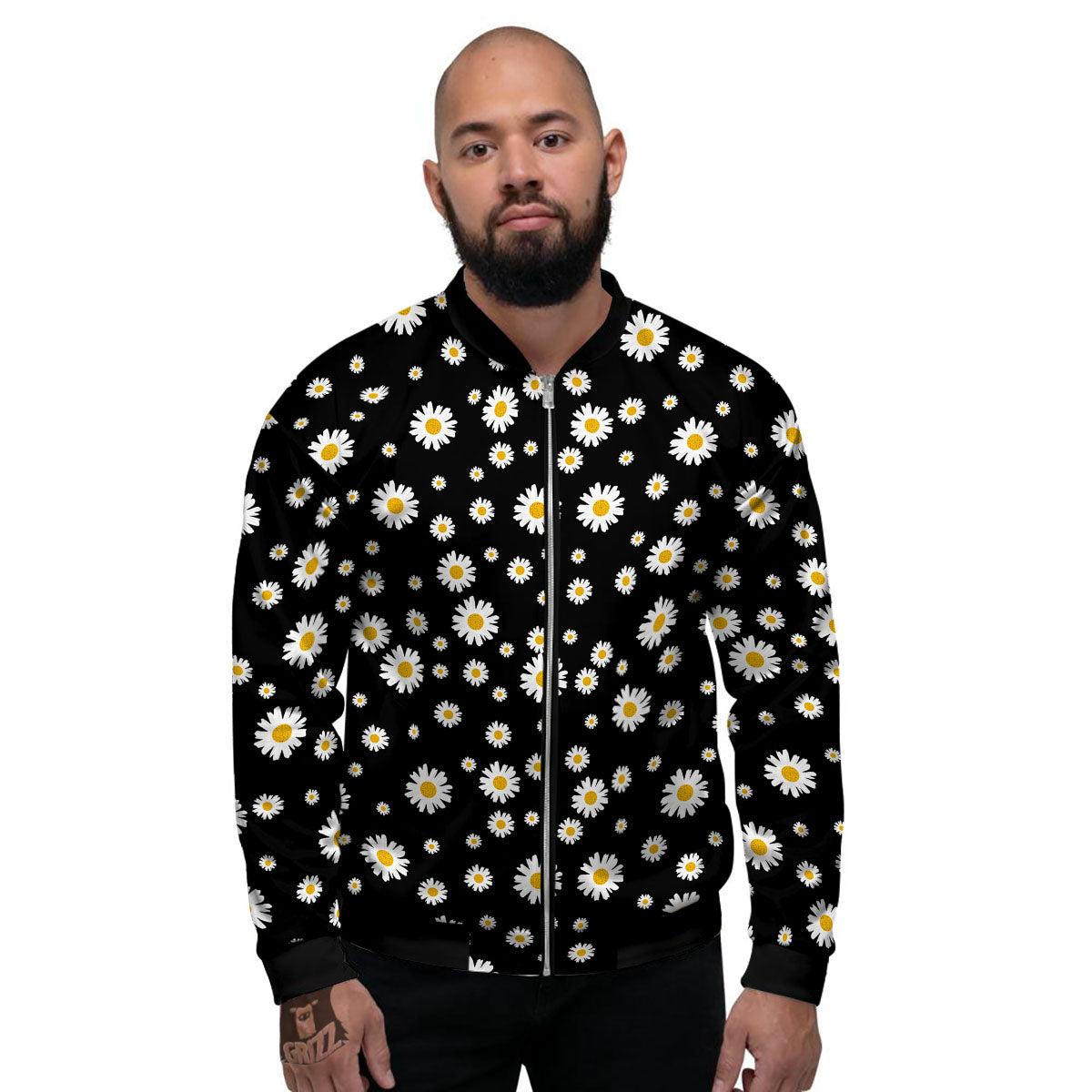 Floral Black Daisy Print Pattern Men's Bomber Jacket-grizzshop
