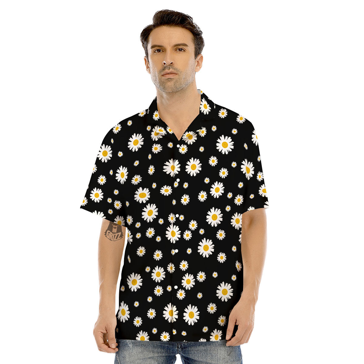 Floral Black Daisy Print Pattern Men's Hawaiian Shirt-grizzshop