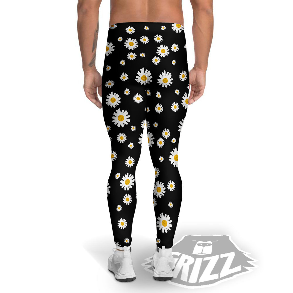 Floral Black Daisy Print Pattern Men's Leggings-grizzshop