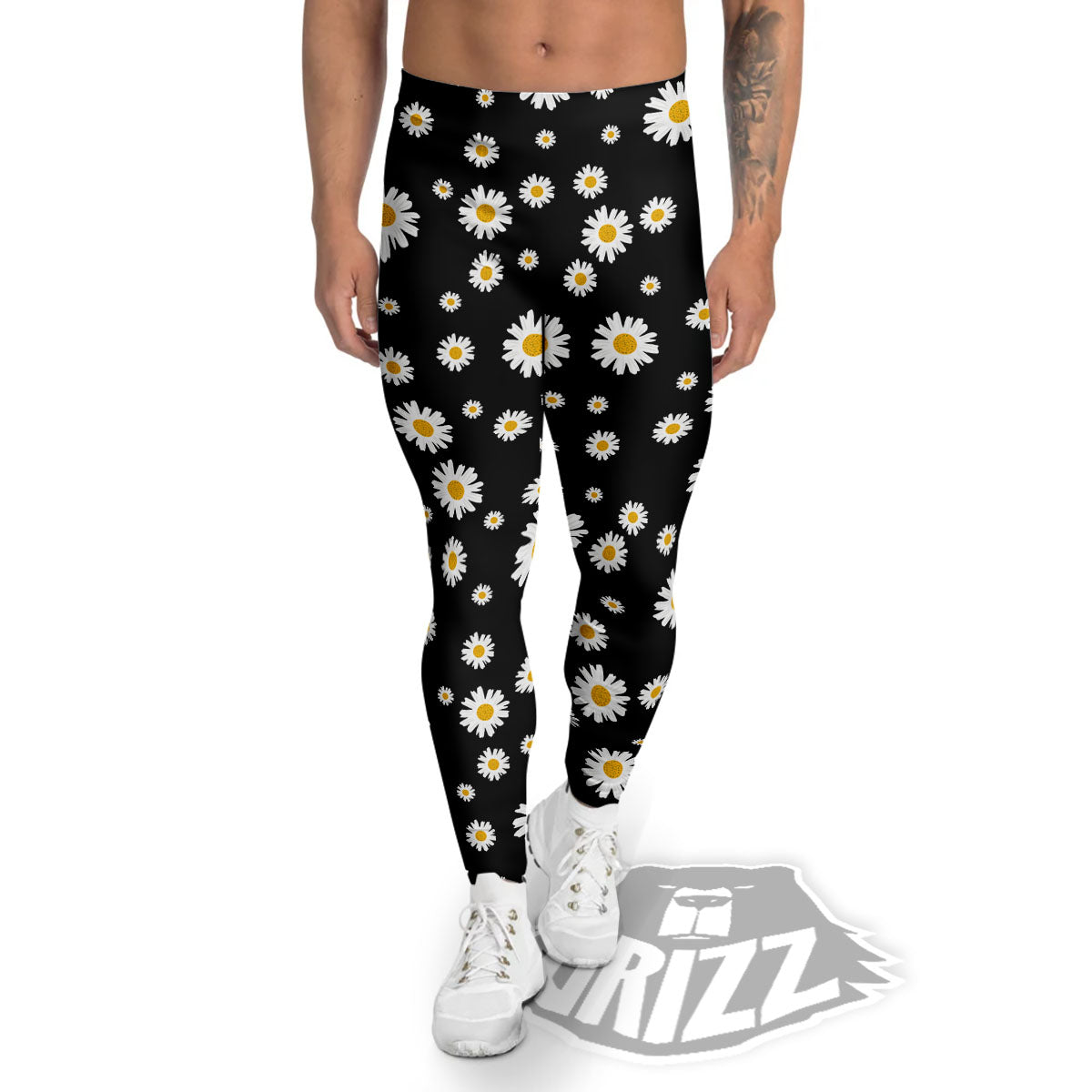 Floral Black Daisy Print Pattern Men's Leggings-grizzshop
