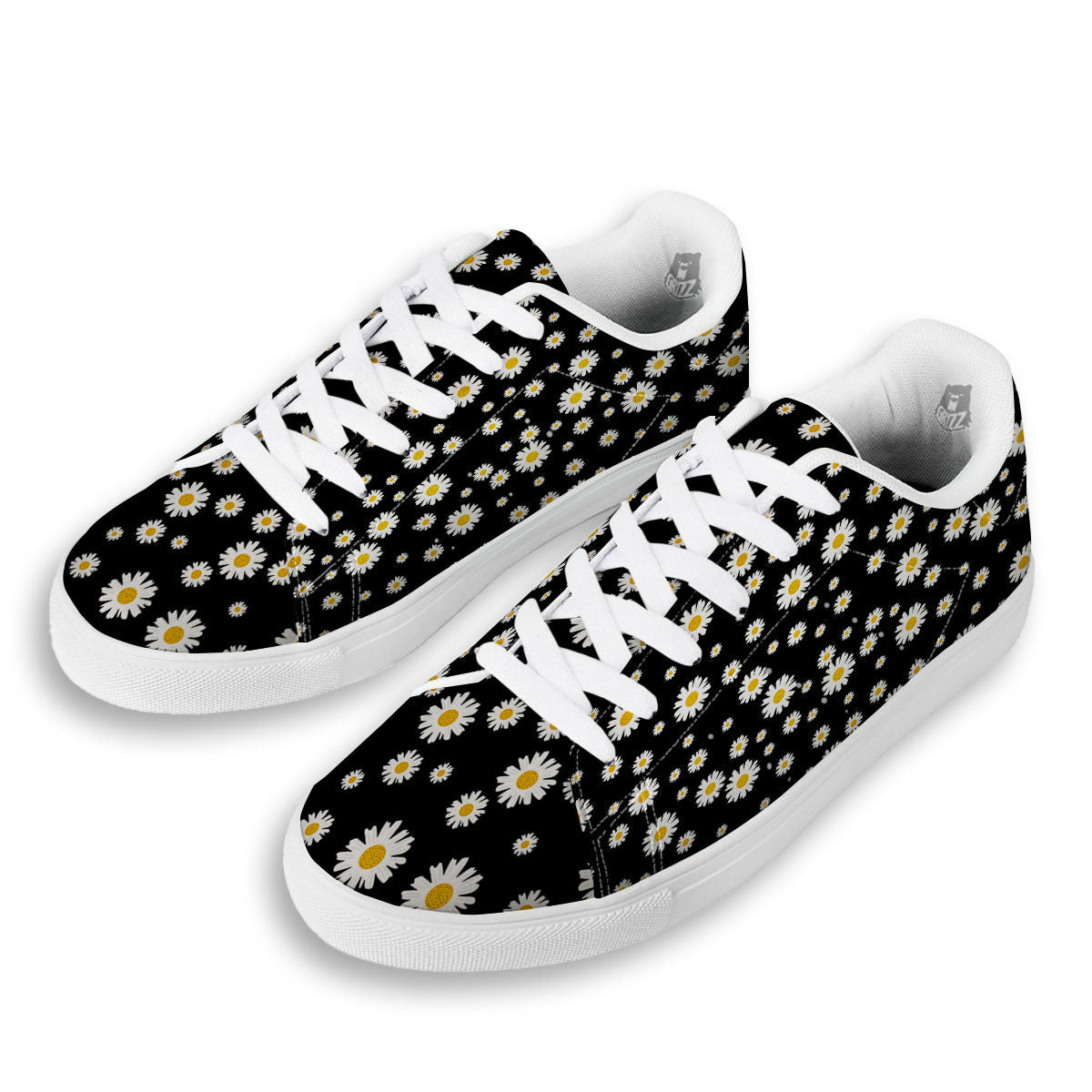 Floral Black Daisy Print Pattern White Low Top Sneakers-grizzshop