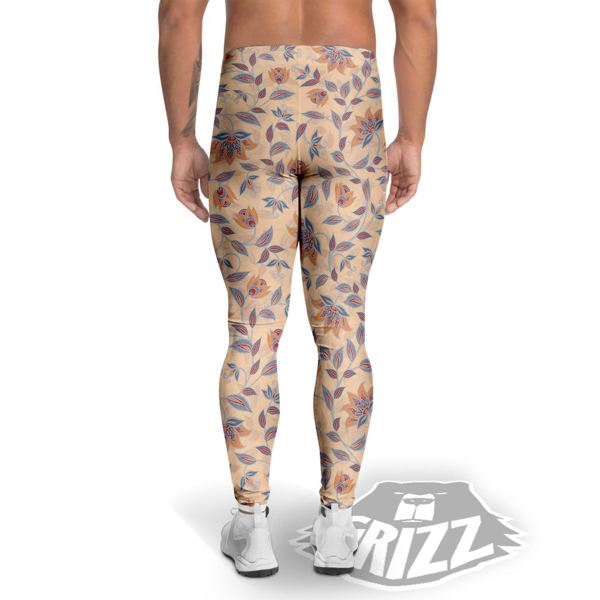 Floral Bohemian Beige Print Pattern Men's Leggings-grizzshop