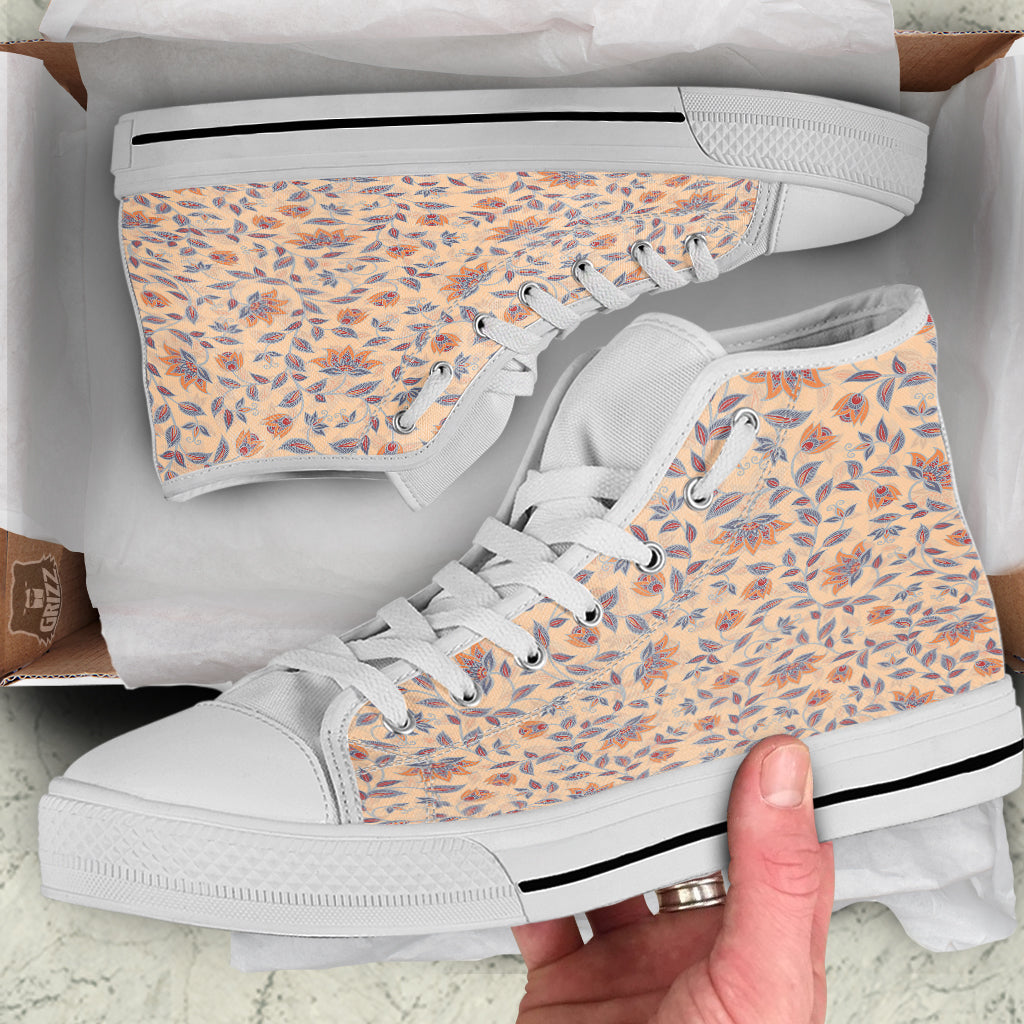 Floral Bohemian Beige Print Pattern White High Top Shoes-grizzshop