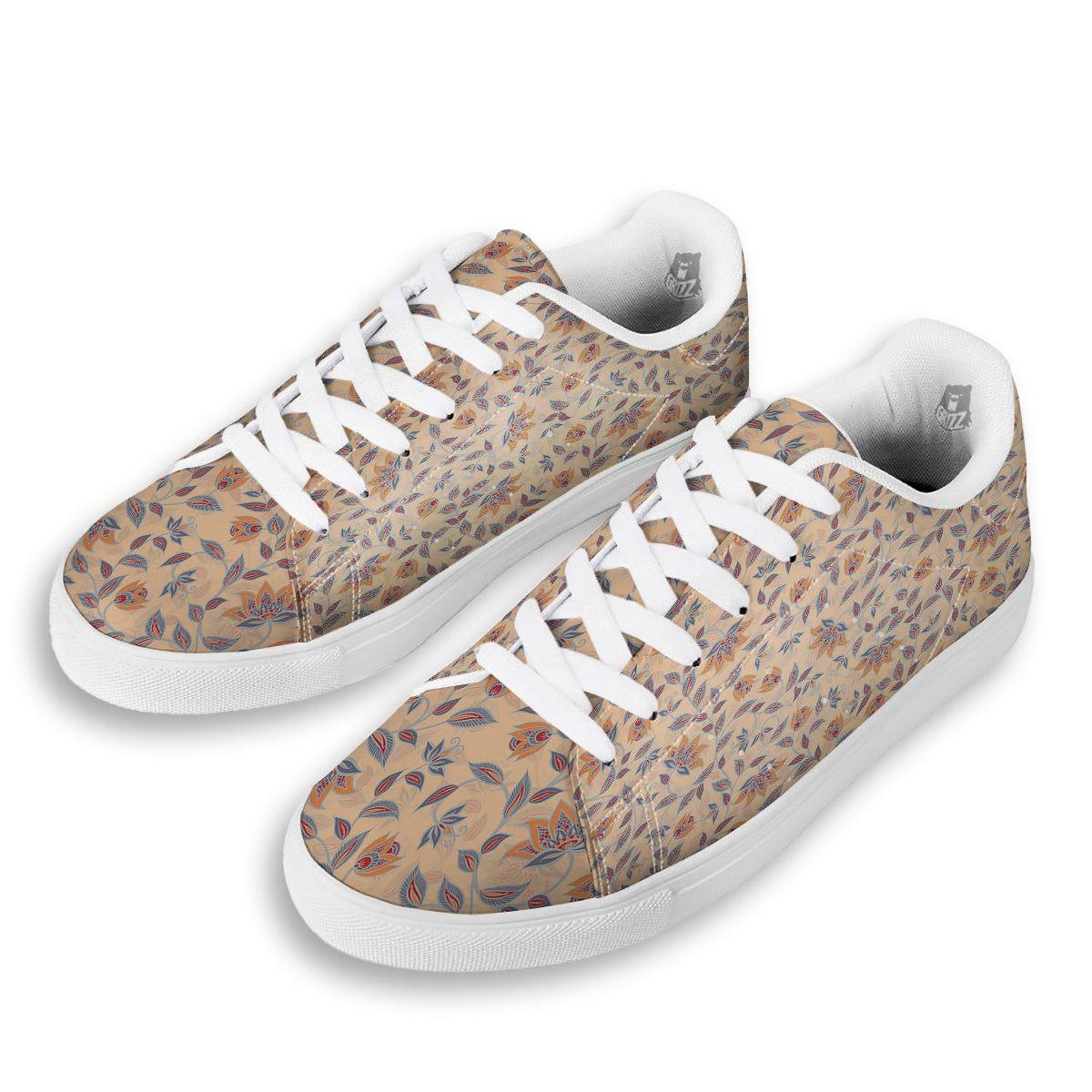 Floral Bohemian Beige Print Pattern White Low Top Sneakers-grizzshop