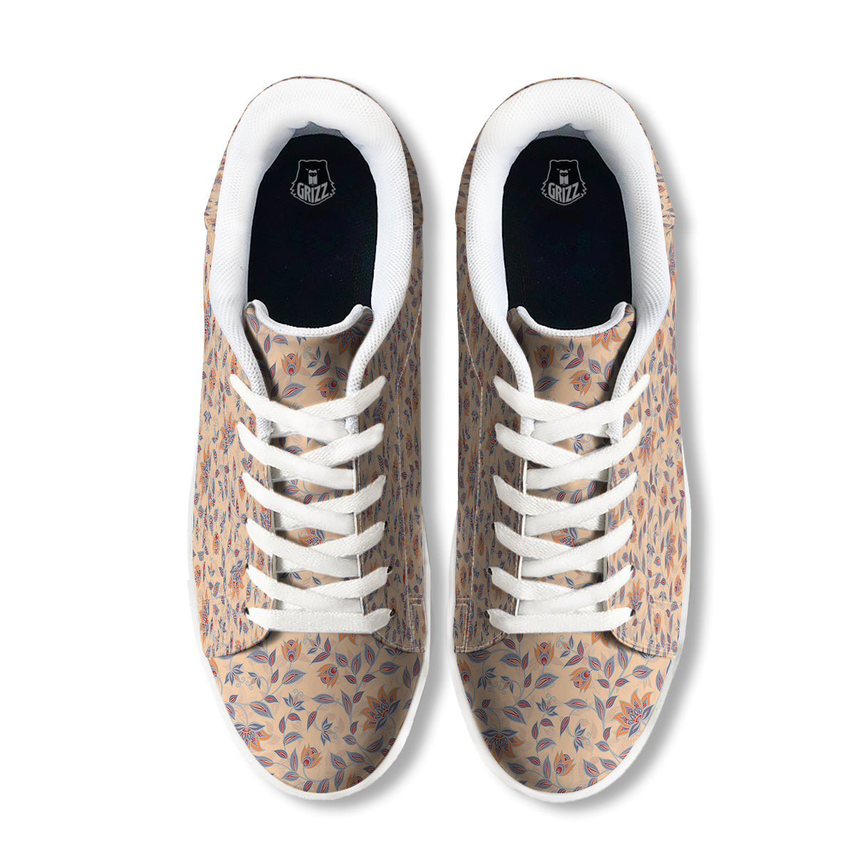 Floral Bohemian Beige Print Pattern White Low Top Sneakers-grizzshop