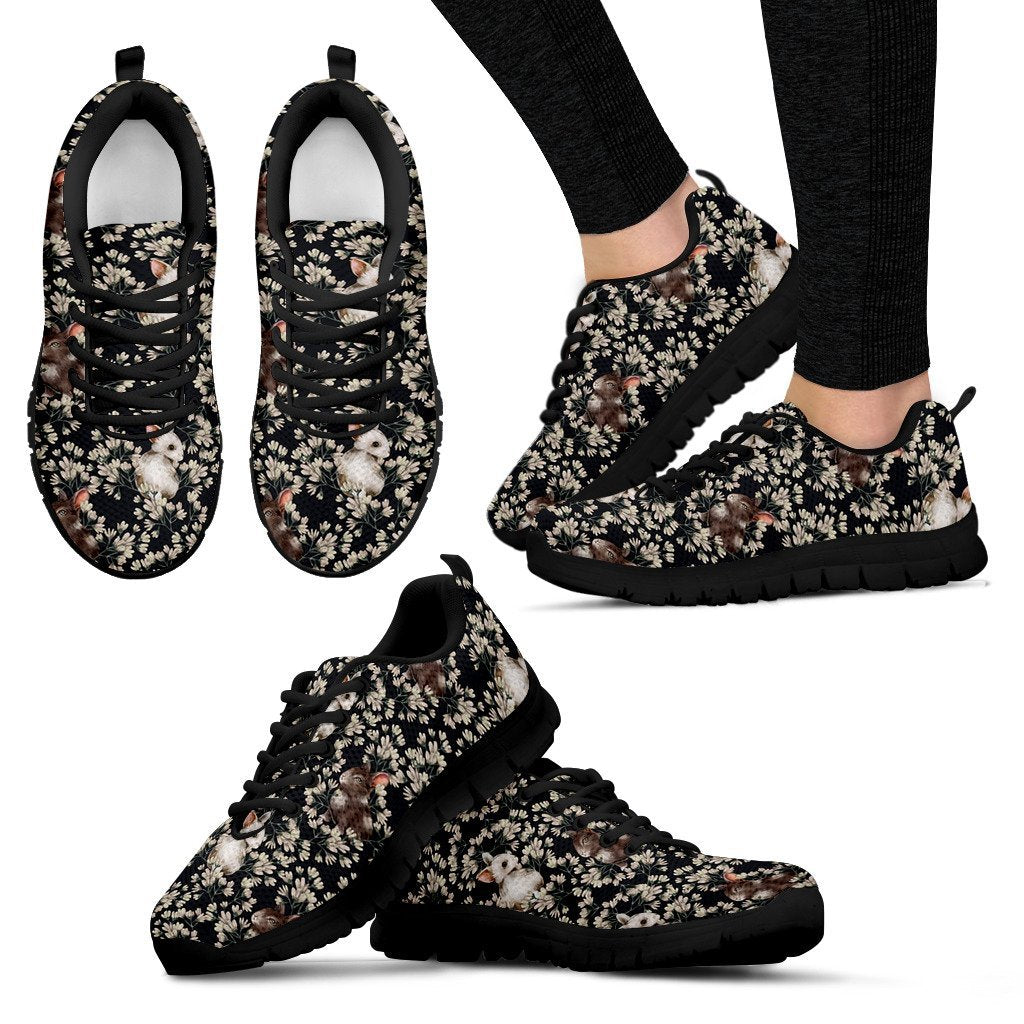 Floral Bunny Rabbit Pattern Print Black Sneaker Shoes For Men Women-grizzshop