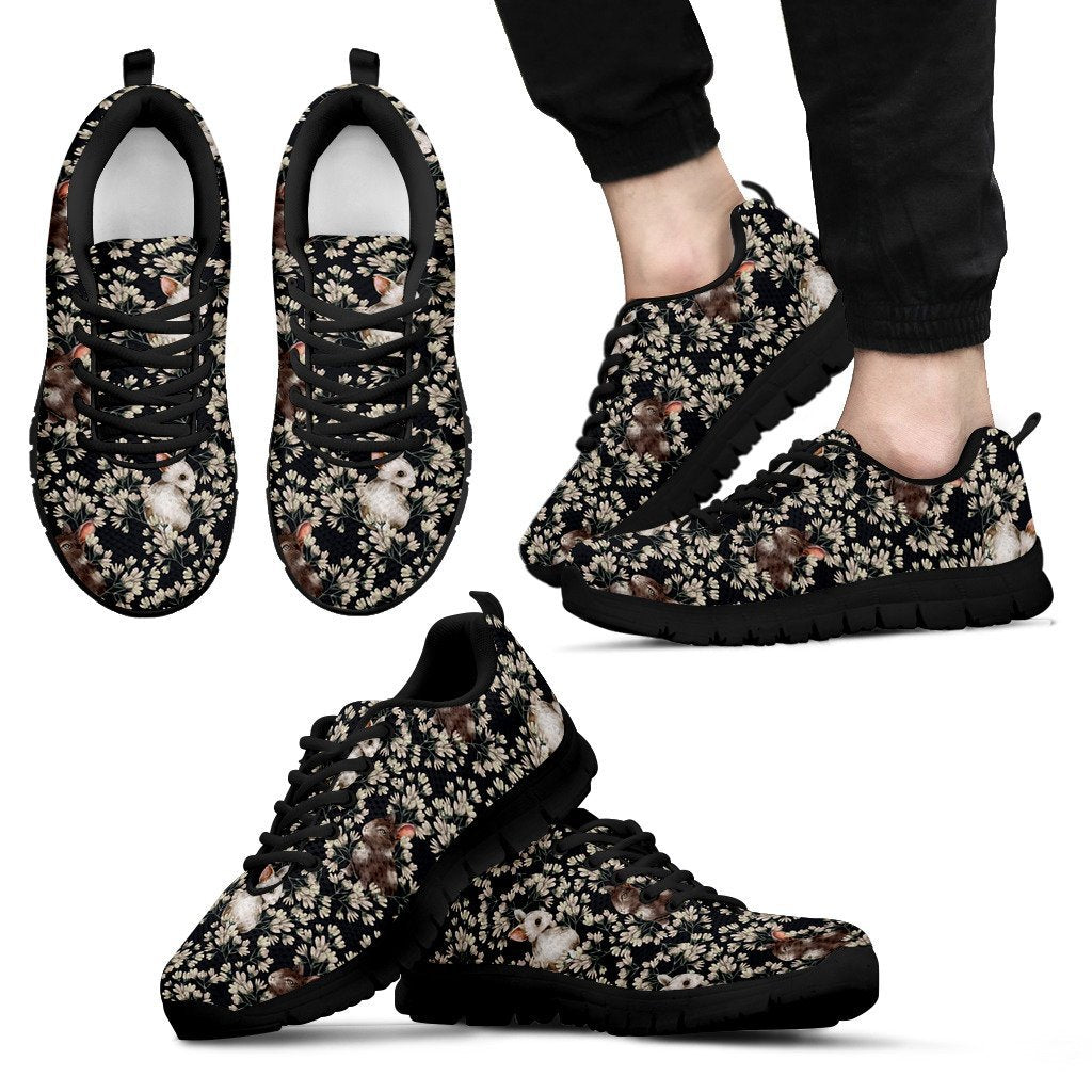 Floral Bunny Rabbit Pattern Print Black Sneaker Shoes For Men Women-grizzshop