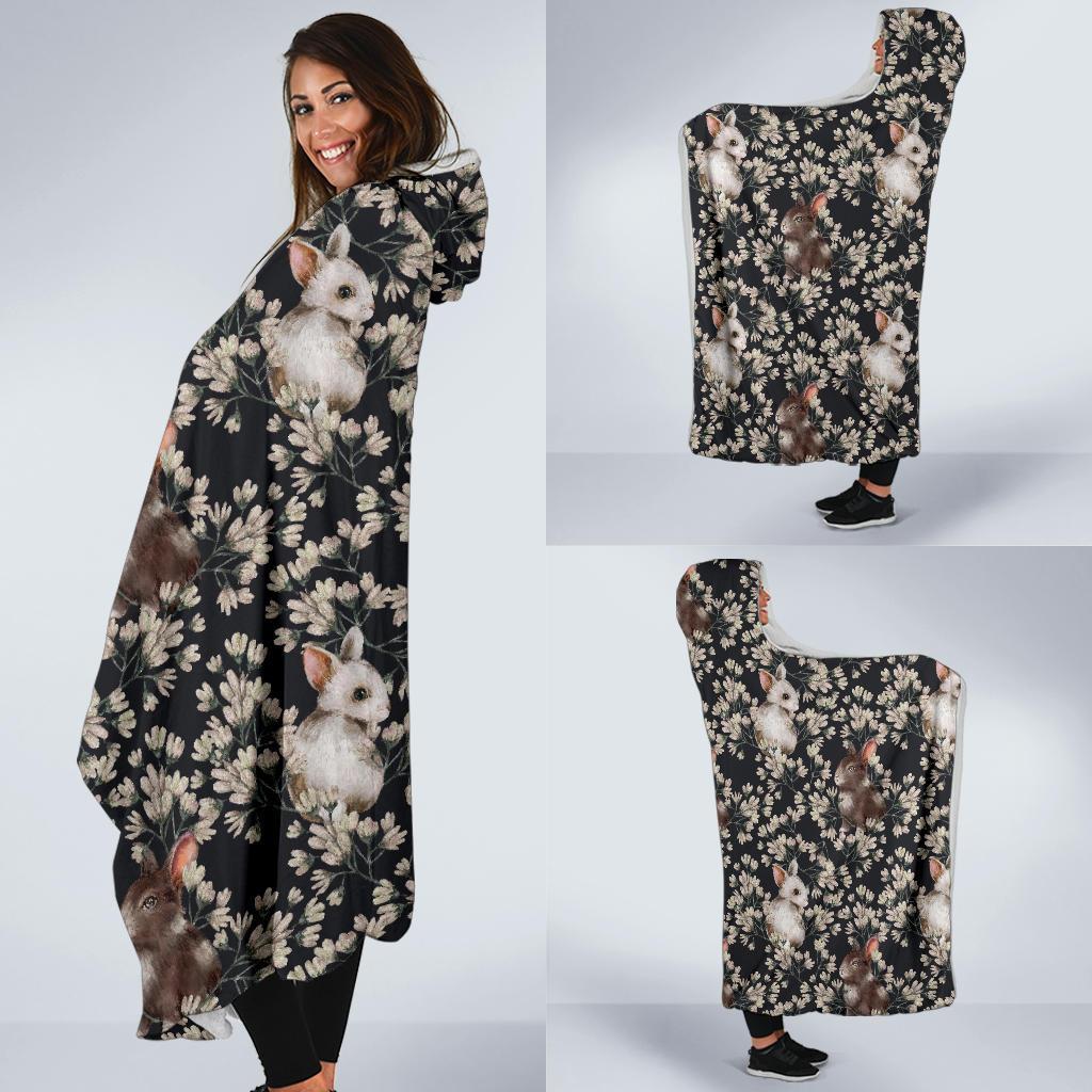 Floral Bunny Rabbit Pattern Print Hooded Blanket-grizzshop