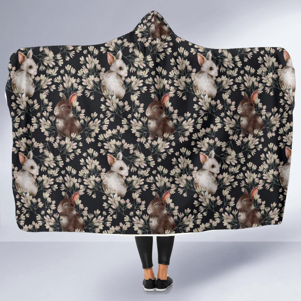 Floral Bunny Rabbit Pattern Print Hooded Blanket-grizzshop