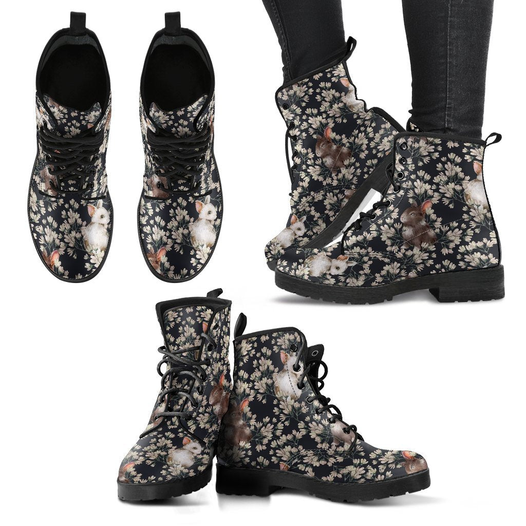 Floral Bunny Rabbit Pattern Print Men Women Leather Boots-grizzshop