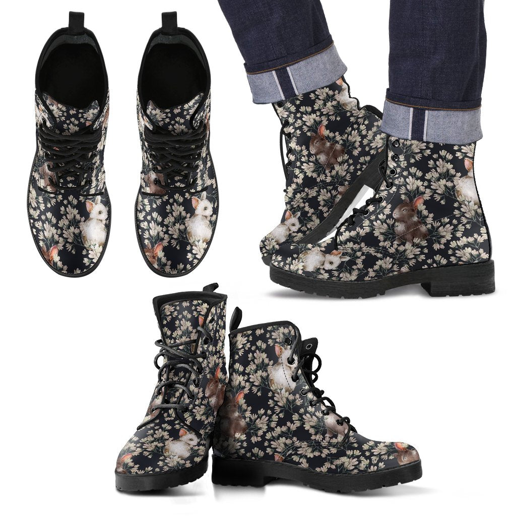 Floral Bunny Rabbit Pattern Print Men Women Leather Boots-grizzshop