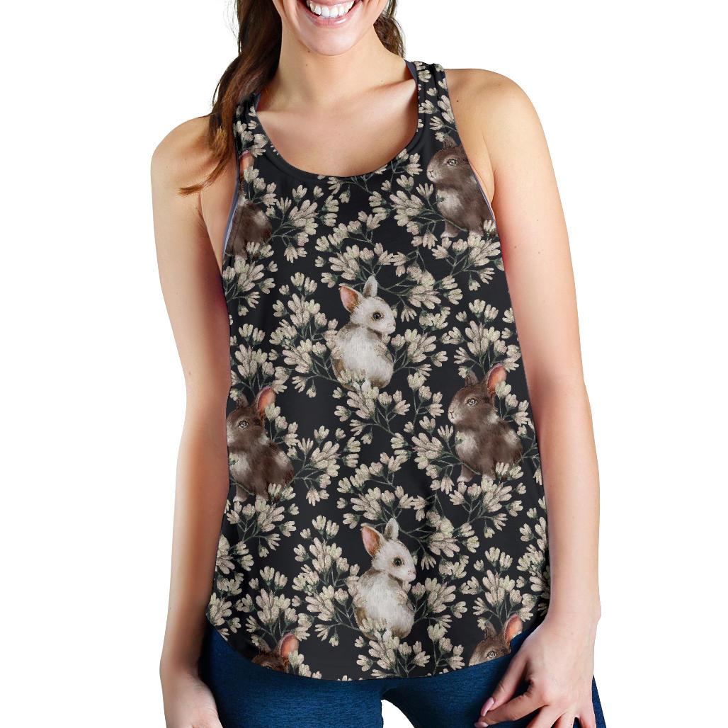 Floral Bunny Rabbit Pattern Print Women's Racerback Tank Tops-grizzshop
