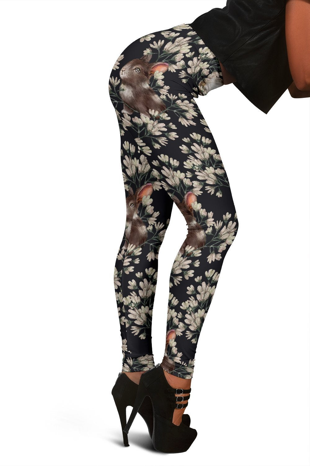 Floral Bunny Rabbit Print Pattern Women Leggings-grizzshop