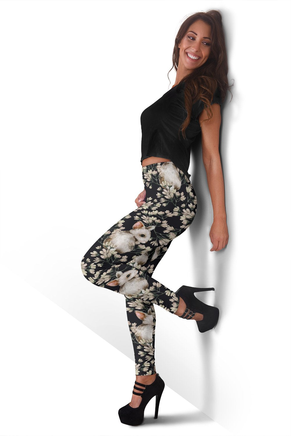 Floral Bunny Rabbit Print Pattern Women Leggings-grizzshop