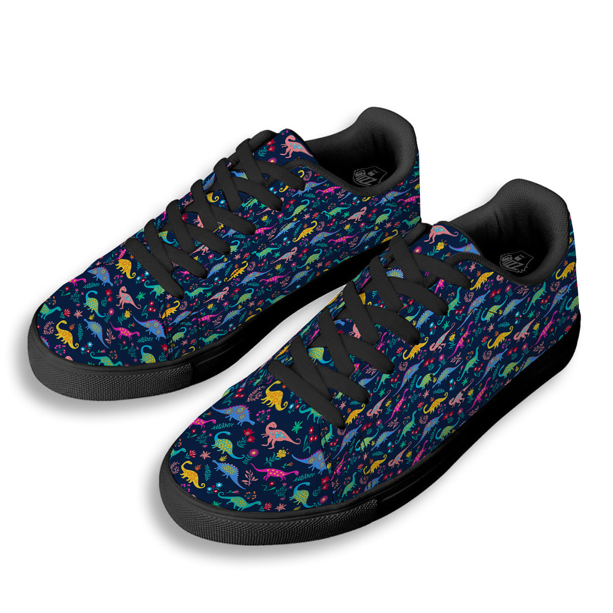 Floral Cute Dino Print Pattern Black Low Top Sneakers-grizzshop