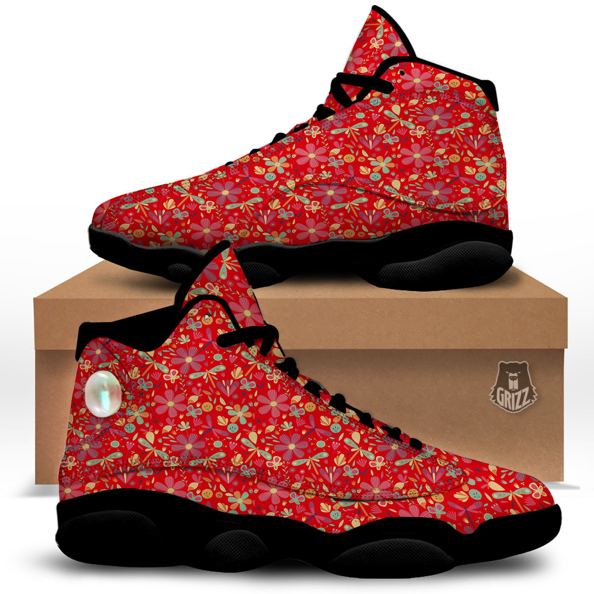 Floral Dragonfly Christmas Print Pattern Black Basketball Shoes-grizzshop