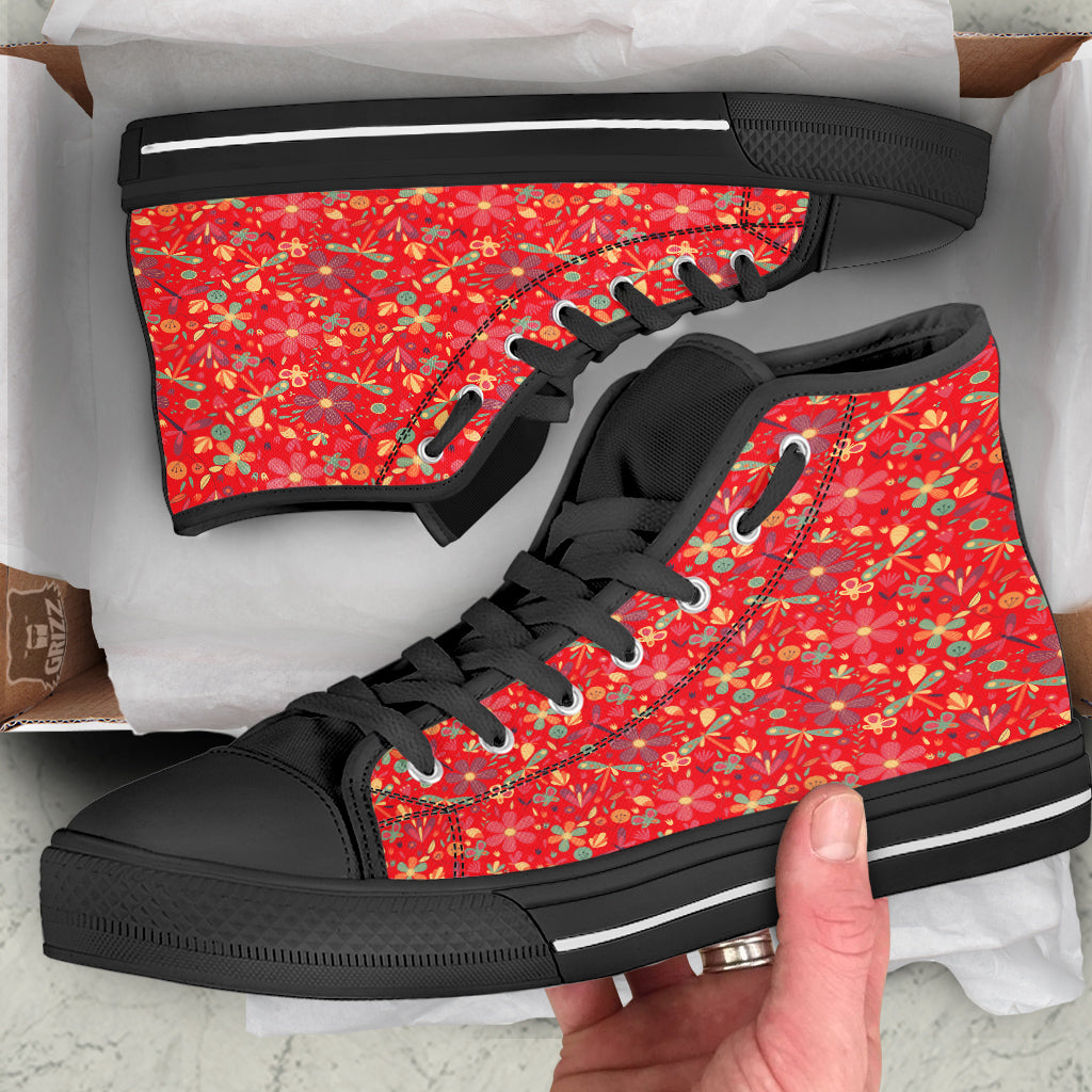 Floral Dragonfly Christmas Print Pattern Black High Top Shoes-grizzshop