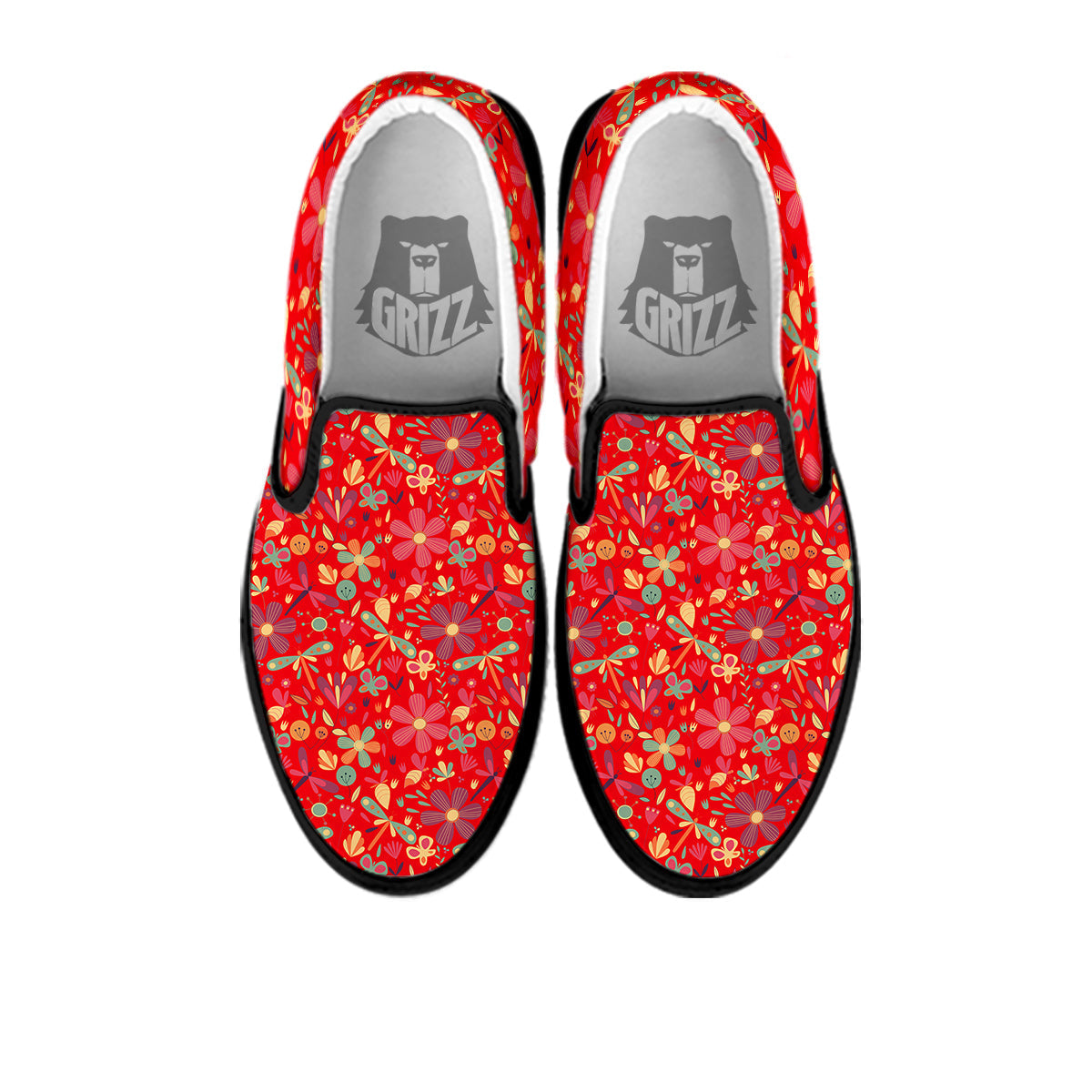 Floral Dragonfly Christmas Print Pattern Black Slip On Shoes-grizzshop