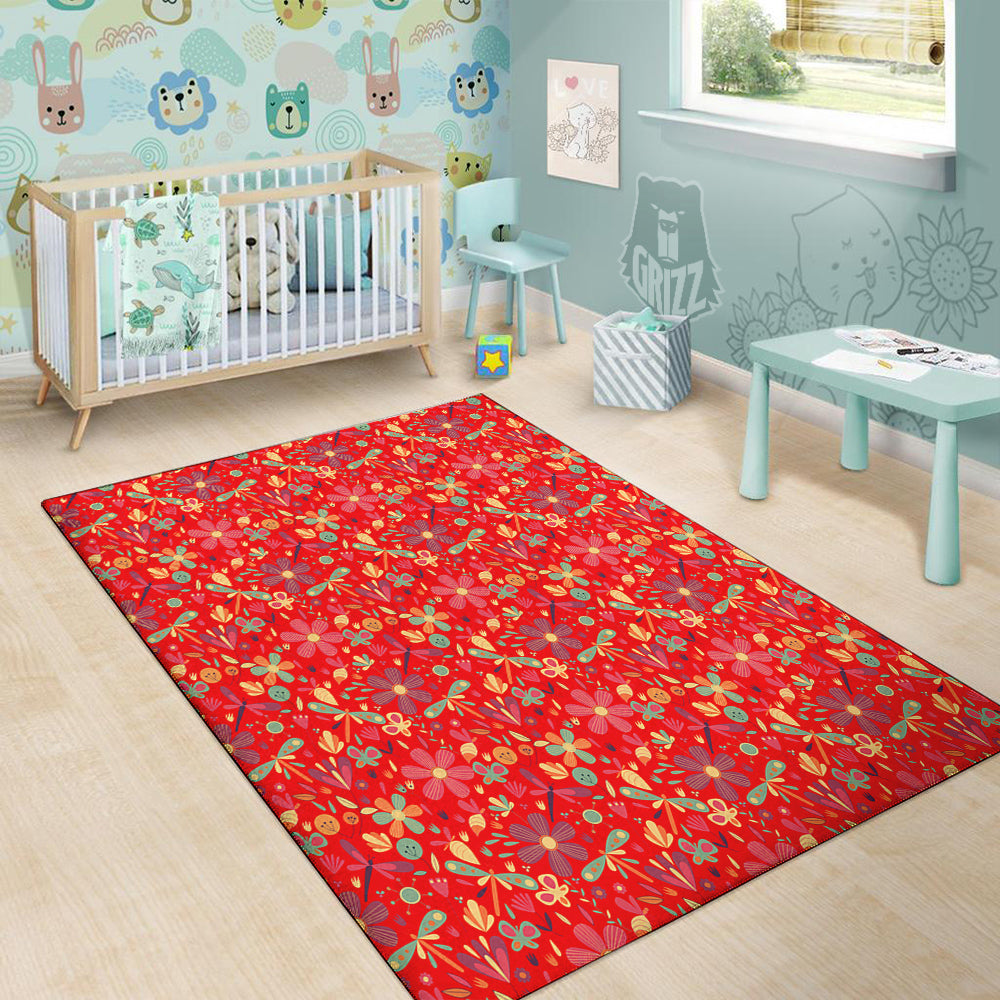 Floral Dragonfly Christmas Print Pattern Floor Mat-grizzshop