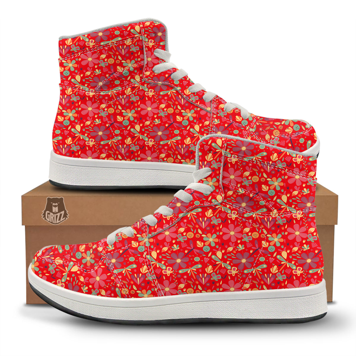 Floral Dragonfly Christmas Print Pattern High Top Sneakers-grizzshop