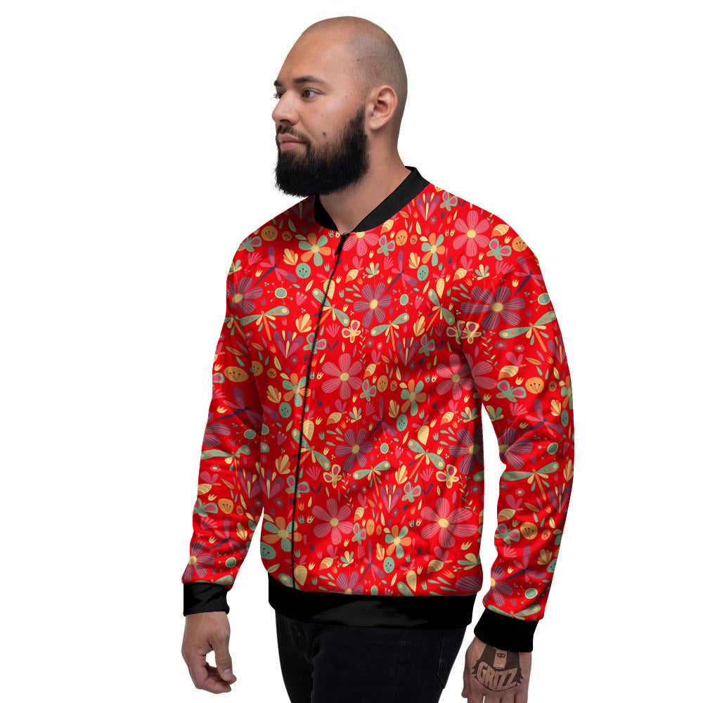 Floral Dragonfly Christmas Print Pattern Men's Bomber Jacket-grizzshop