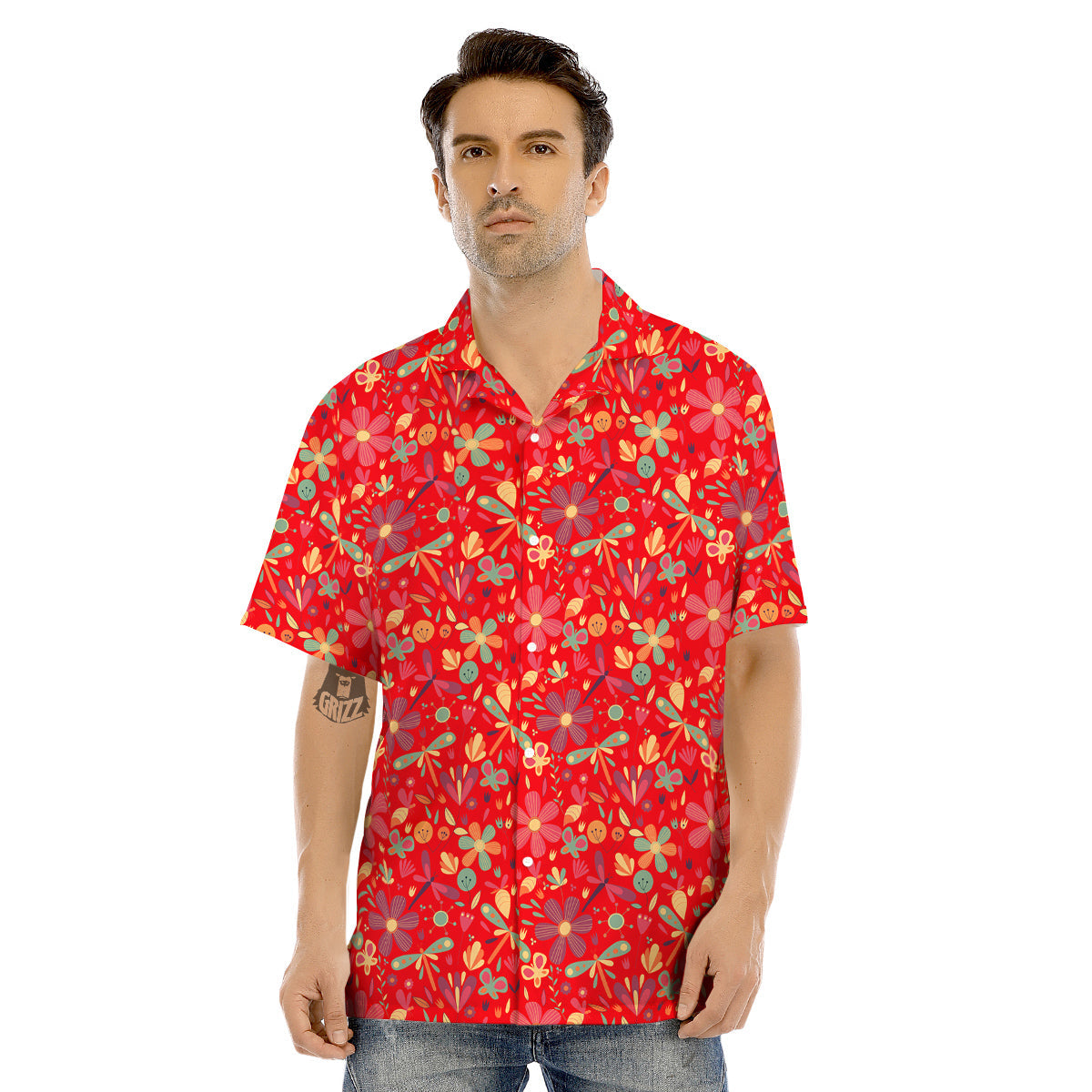Floral Dragonfly Christmas Print Pattern Men's Hawaiian Shirt-grizzshop