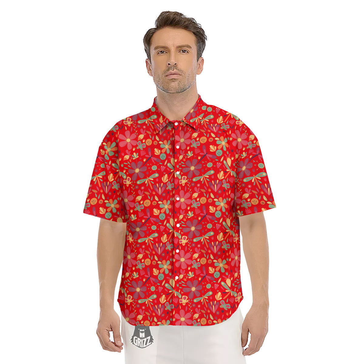 Floral Dragonfly Christmas Print Pattern Men's Short Sleeve Shirts-grizzshop