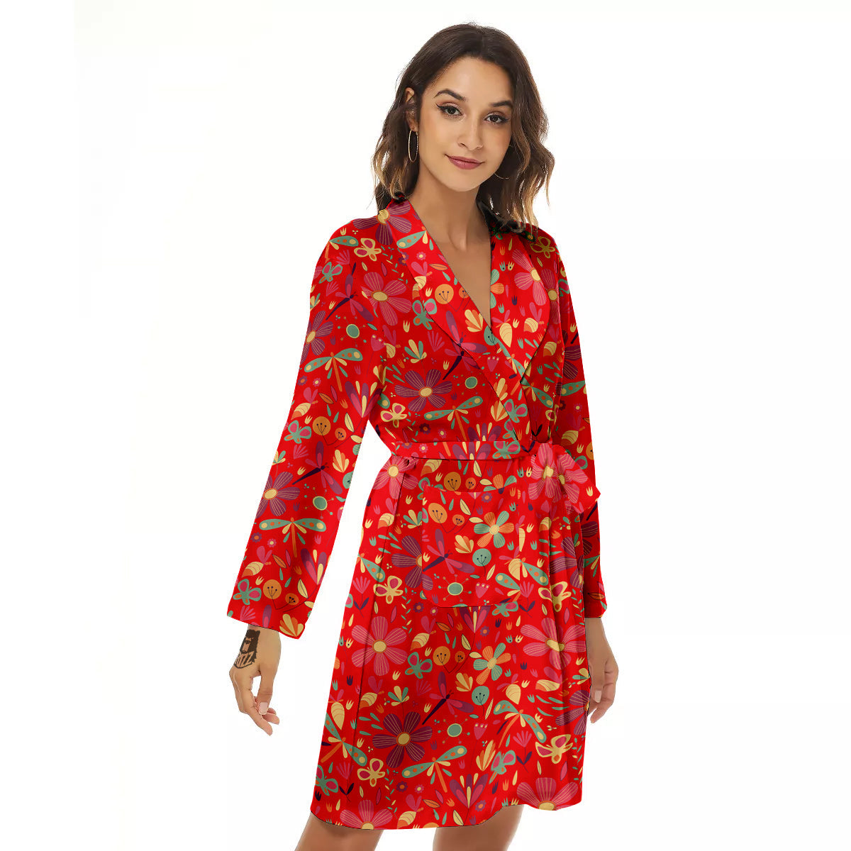 Floral Dragonfly Christmas Print Pattern Women's Robe-grizzshop
