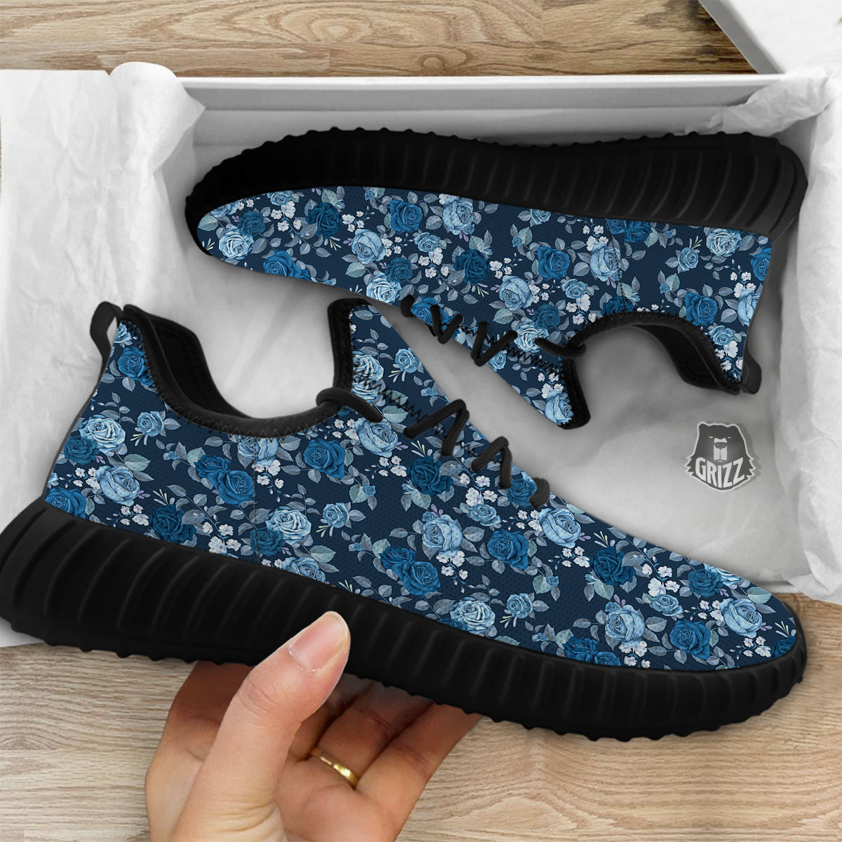 Floral Flower Blue Rose Print Pattern Black Walking Shoes-grizzshop
