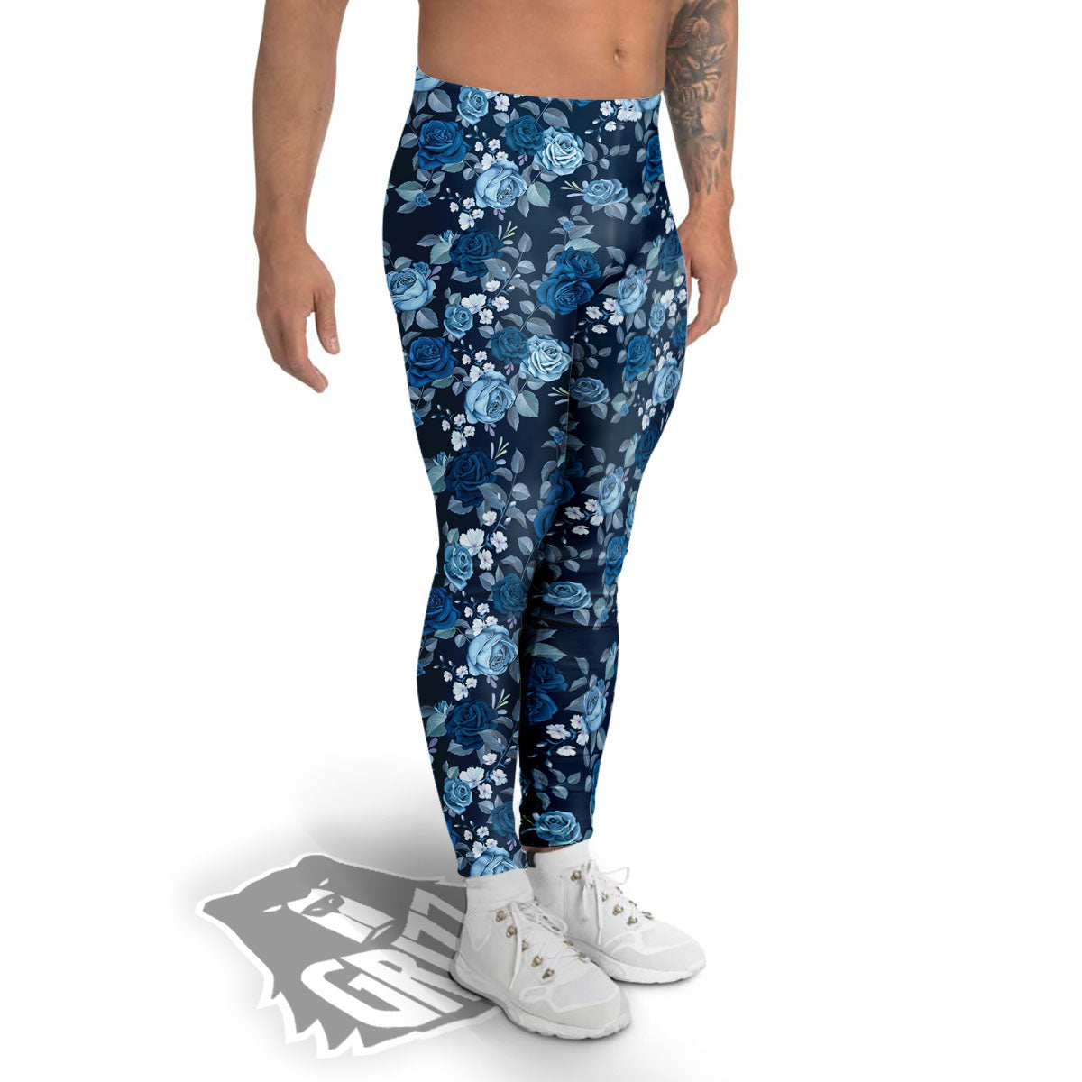 Floral Flower Blue Rose Print Pattern Men's Leggings-grizzshop