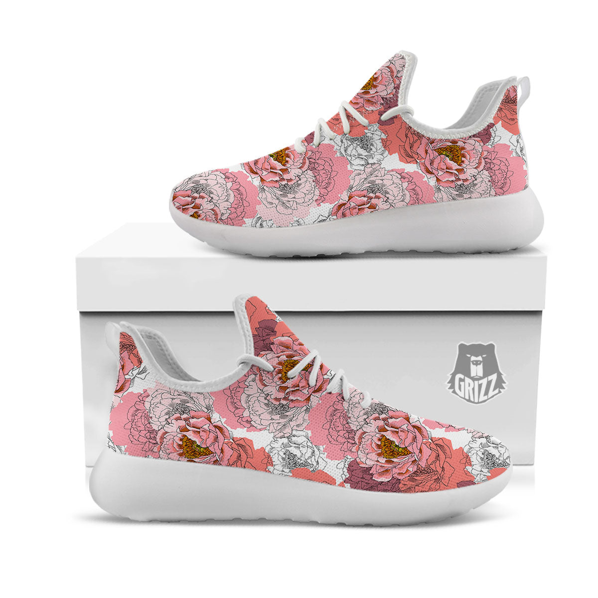 Floral Flower Pink Peony Print Pattern White Athletic Shoes-grizzshop