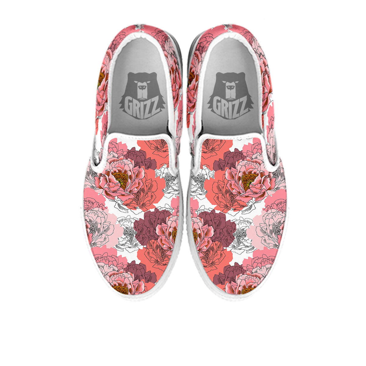 Floral Flower Pink Peony Print Pattern White Slip On Shoes-grizzshop