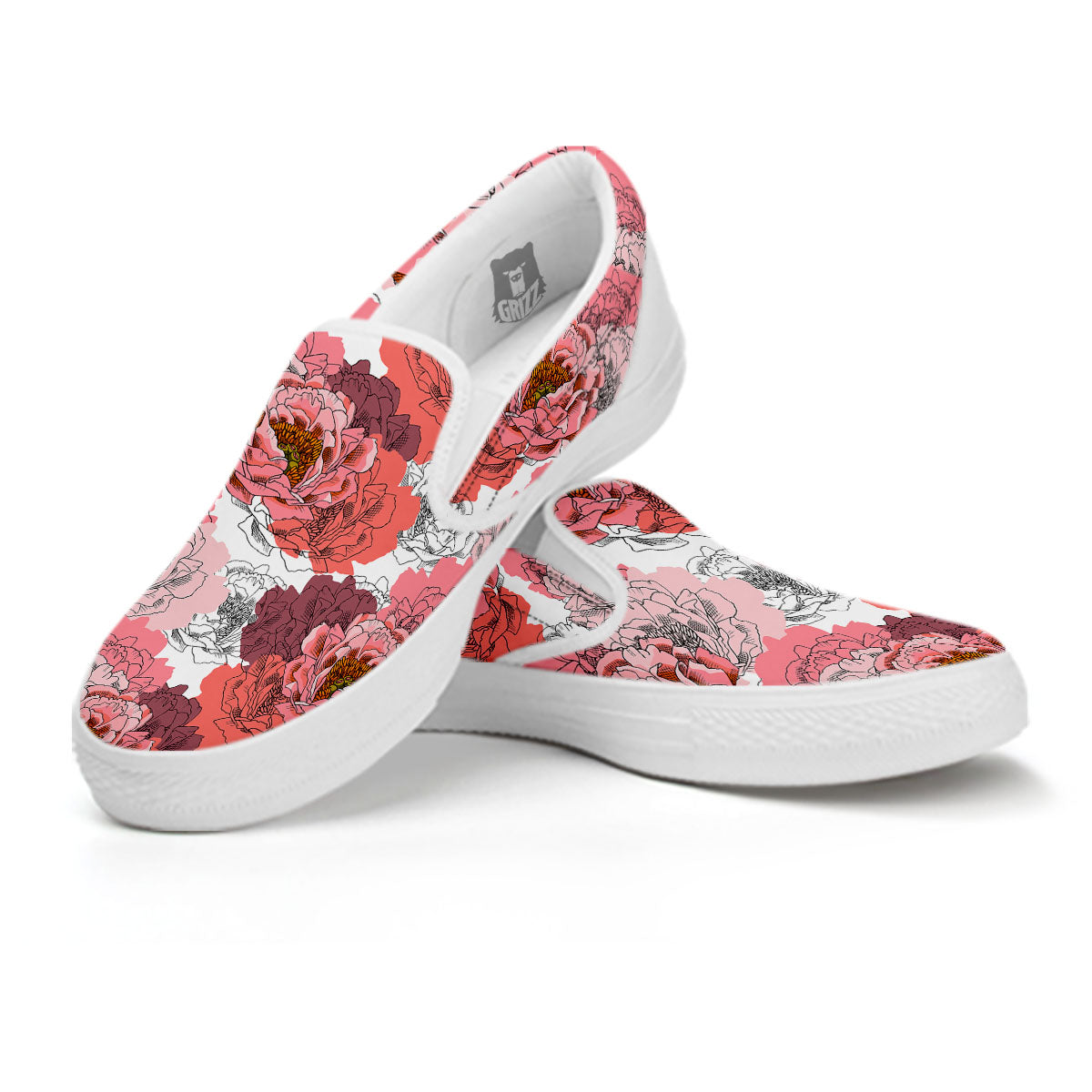 Floral Flower Pink Peony Print Pattern White Slip On Shoes-grizzshop
