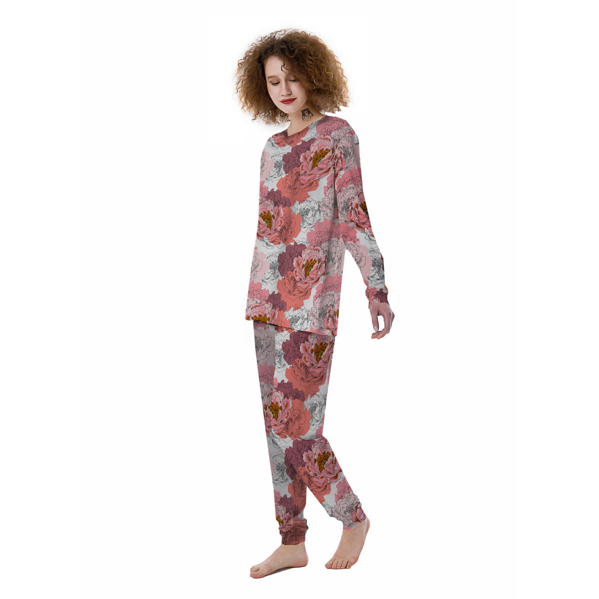 Floral Flower Pink Peony Print Pattern Women's Pajamas-grizzshop