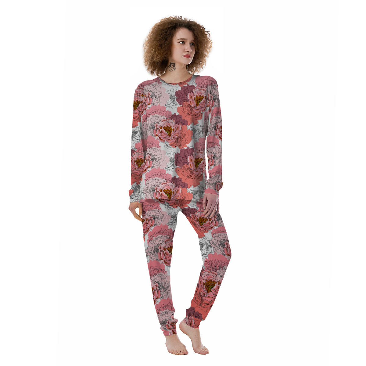 Floral Flower Pink Peony Print Pattern Women's Pajamas-grizzshop