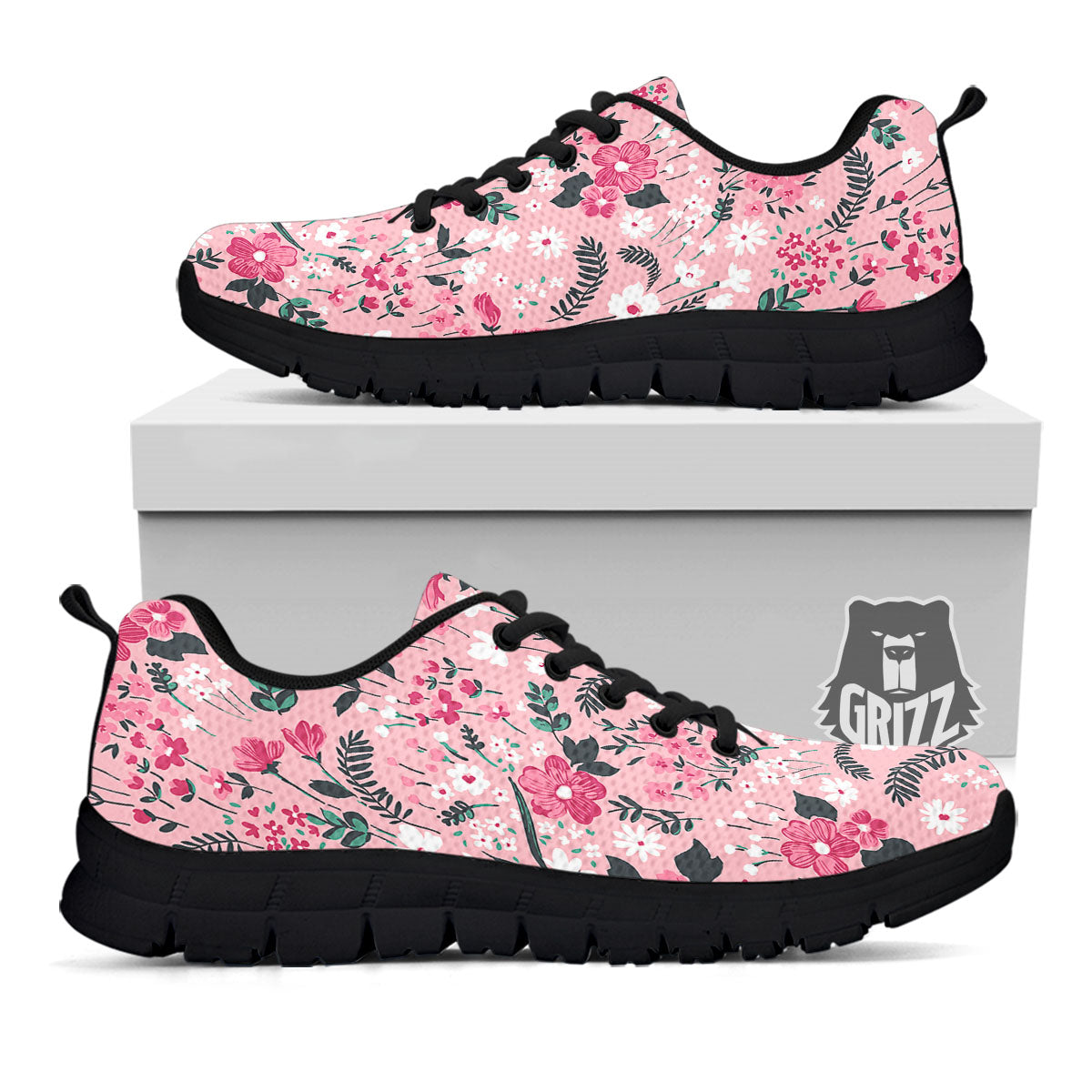 Floral Flower Pink Print Pattern Black Sneaker-grizzshop