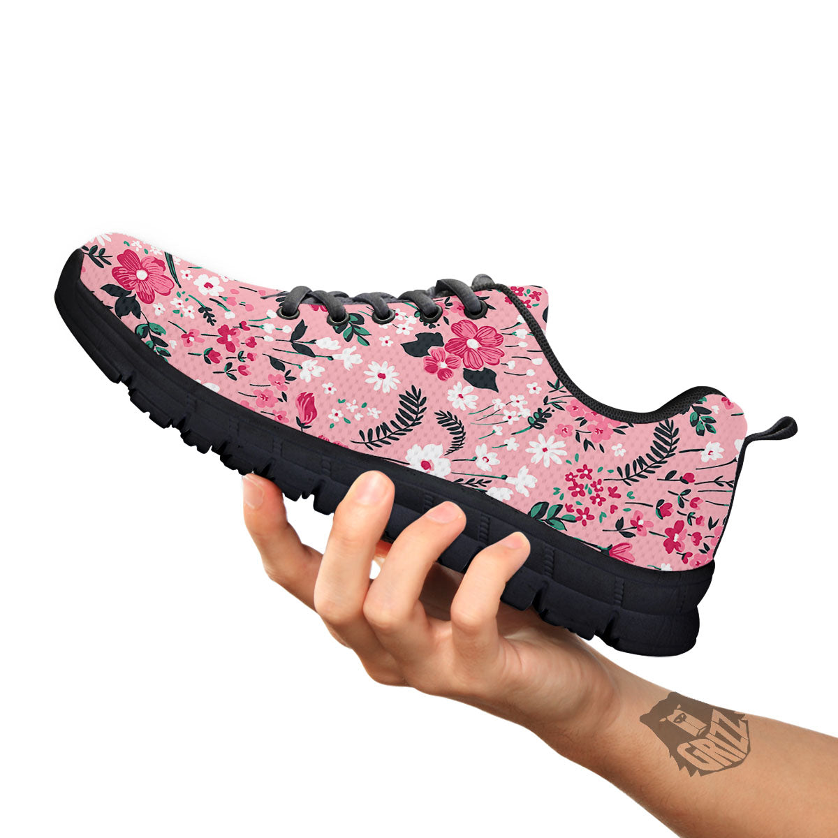 Floral Flower Pink Print Pattern Black Sneaker-grizzshop