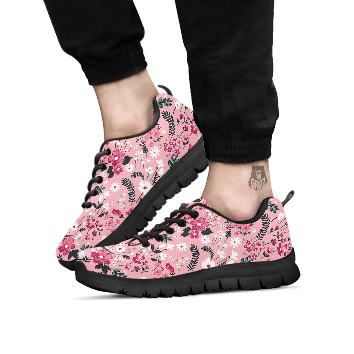 Floral Flower Pink Print Pattern Black Sneaker-grizzshop