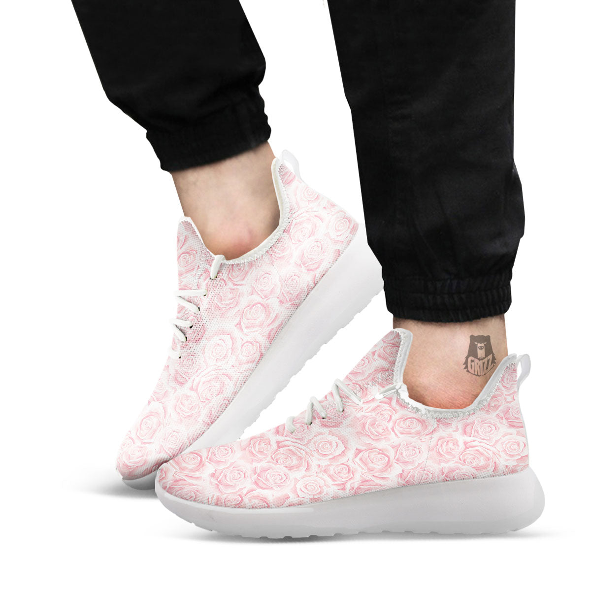 Floral Flower Pink Rose Print Pattern White Athletic Shoes-grizzshop