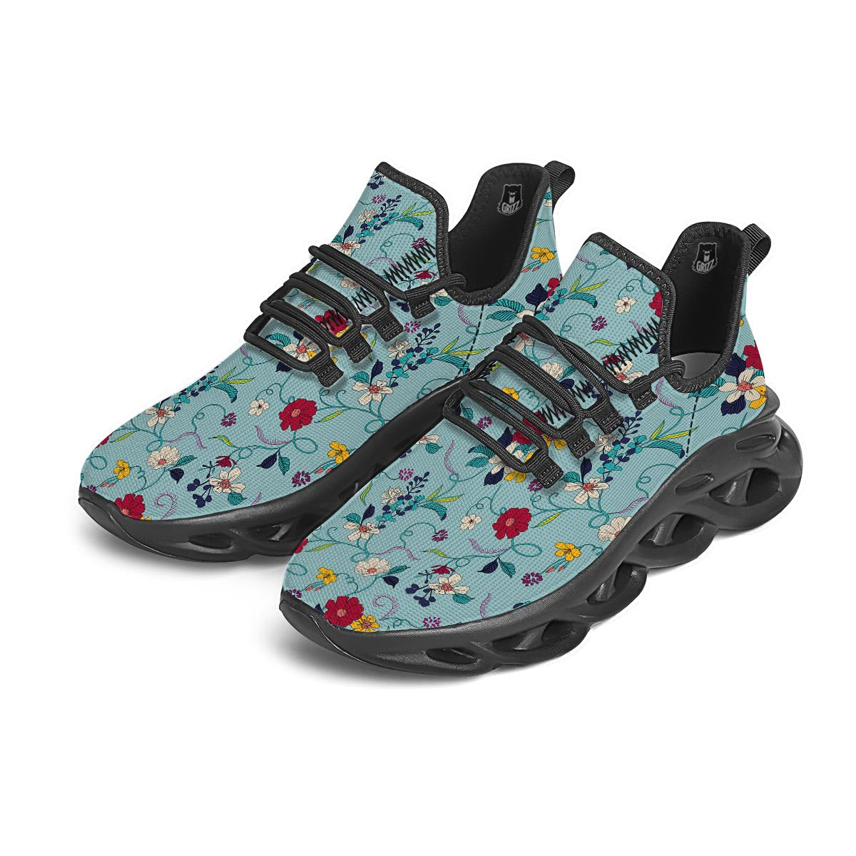 Floral Flower Print Black Running Shoes-grizzshop